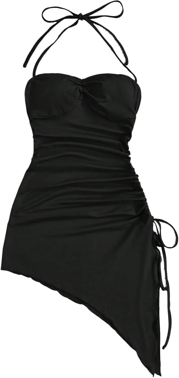 Milumia Women's Halter Ruched Dress Tie Side Asymmetrical Spaghetti Strap Short Club Cocktail Dresses