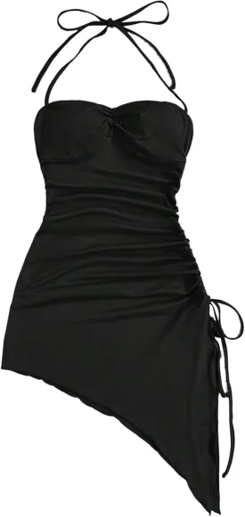 Milumia Women's Halter Ruched Dress Tie Side Asymmetrical Spaghetti Strap Short Club Cocktail Dresses