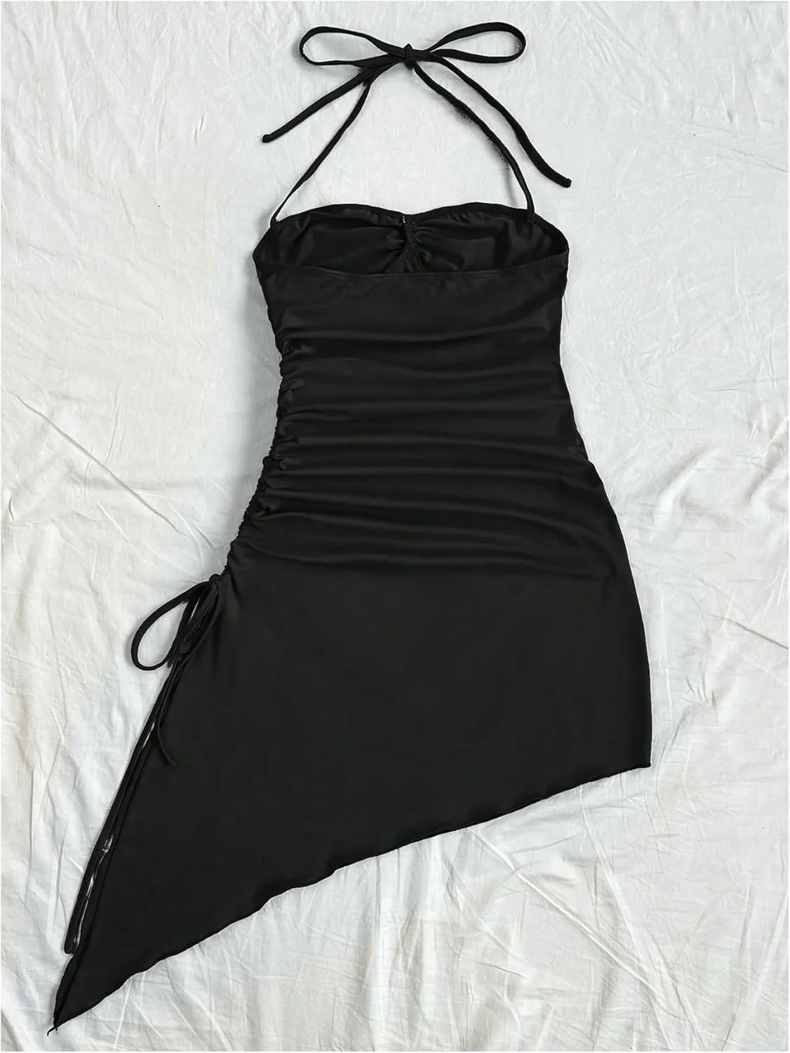 Milumia Women's Halter Ruched Dress Tie Side Asymmetrical Spaghetti Strap Short Club Cocktail Dresses
