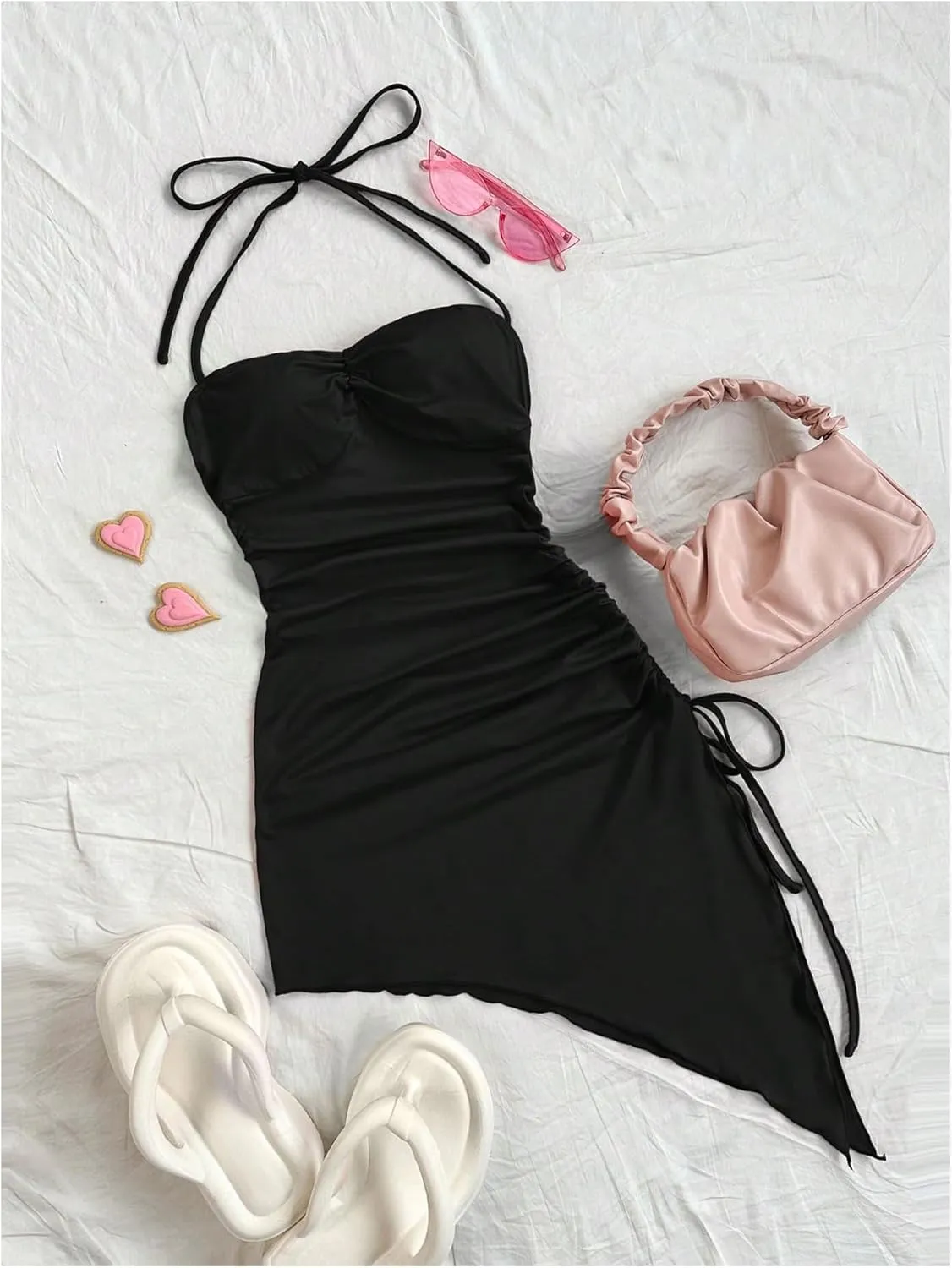 Milumia Women's Halter Ruched Dress Tie Side Asymmetrical Spaghetti Strap Short Club Cocktail Dresses