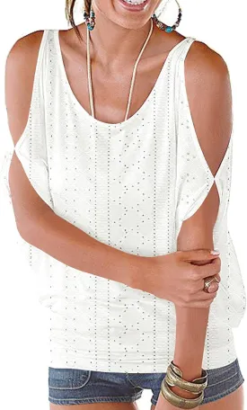 Miselon Women Cold Shoulder O-Neck Short Sleeve Loose Fit Summer Shirt Blouse Tops