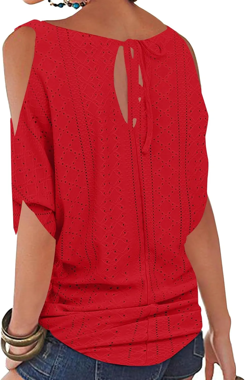 Miselon Women Cold Shoulder O-Neck Short Sleeve Loose Fit Summer Shirt Blouse Tops