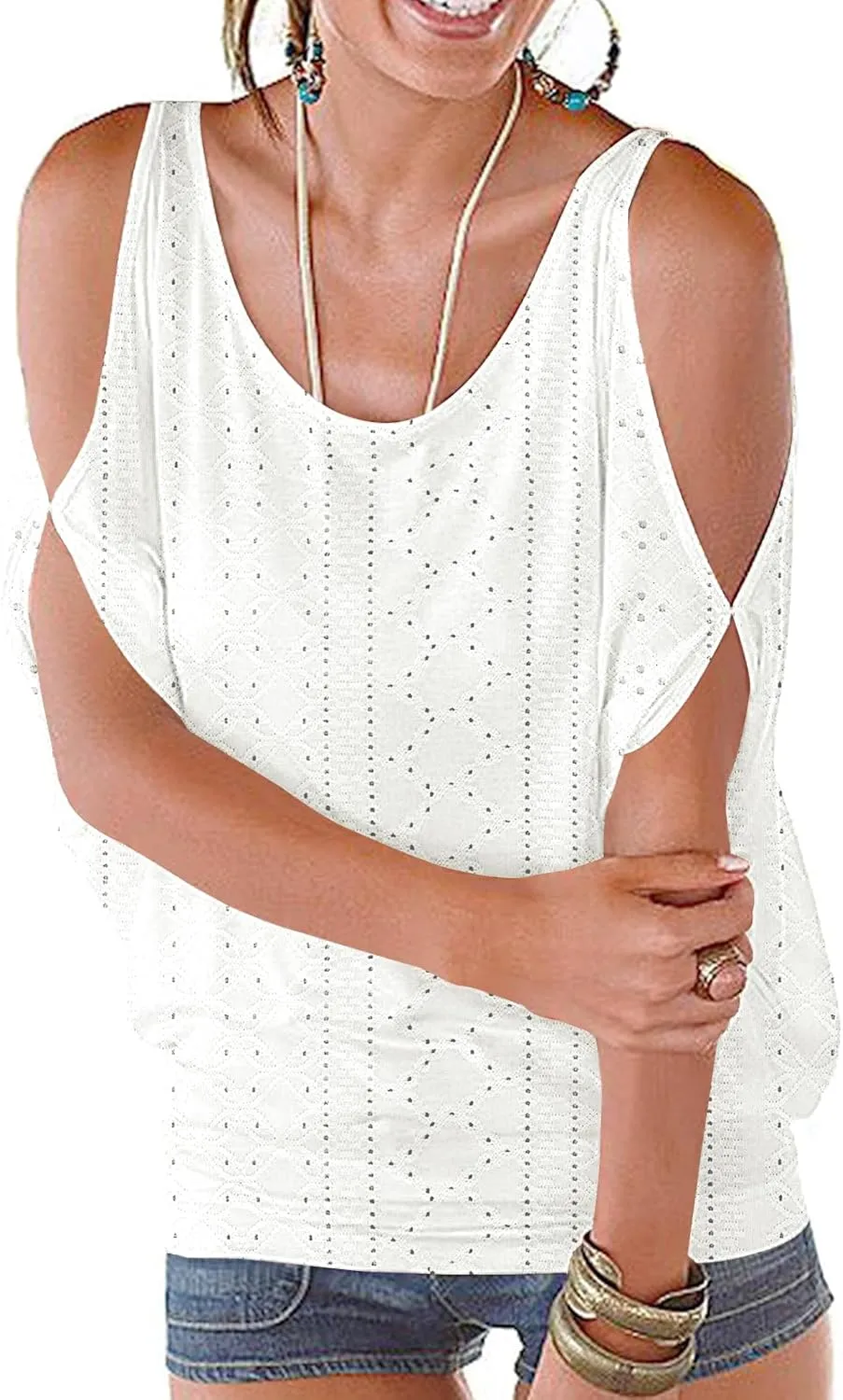 Miselon Women Cold Shoulder O-Neck Short Sleeve Loose Fit Summer Shirt Blouse Tops