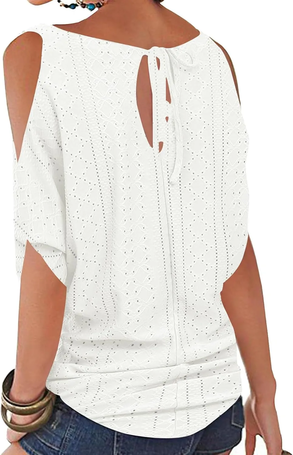 Miselon Women Cold Shoulder O-Neck Short Sleeve Loose Fit Summer Shirt Blouse Tops