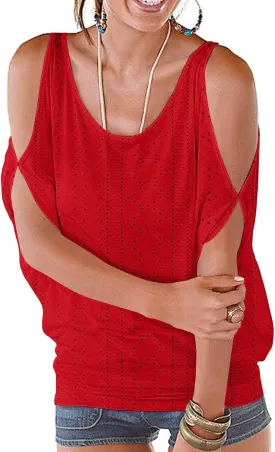 Miselon Women Cold Shoulder O-Neck Short Sleeve Loose Fit Summer Shirt Blouse Tops