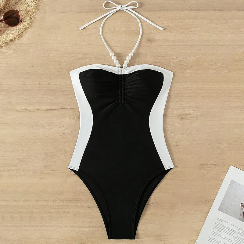 Monochrome Spliced Halterneck One-Piece Swimsuit