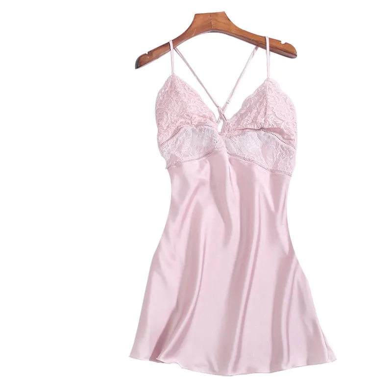 New Lingerie Backless Lace V-neck Nightwear Satin Nightdress