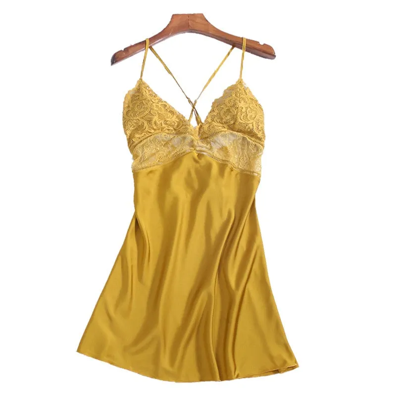 New Lingerie Backless Lace V-neck Nightwear Satin Nightdress