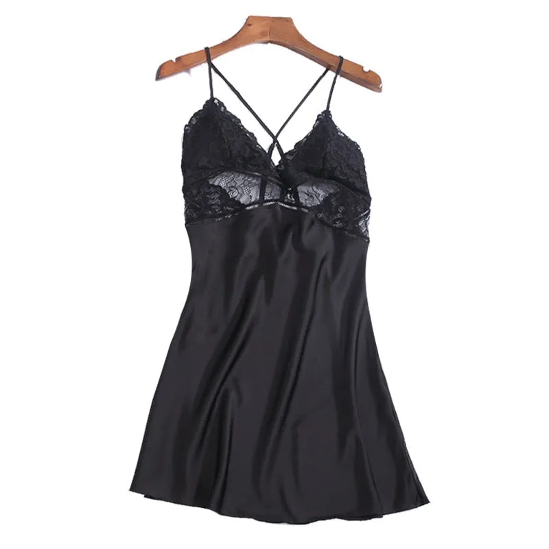 New Lingerie Backless Lace V-neck Nightwear Satin Nightdress