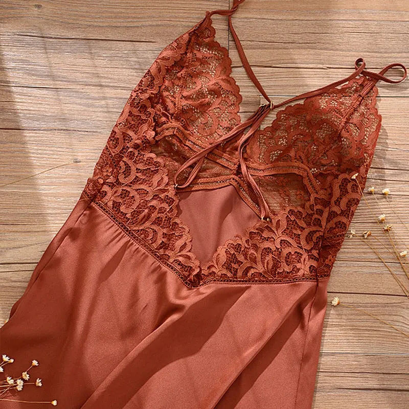 New Lingerie Backless Lace V-neck Nightwear Satin Nightdress
