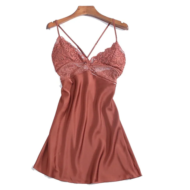 New Lingerie Backless Lace V-neck Nightwear Satin Nightdress