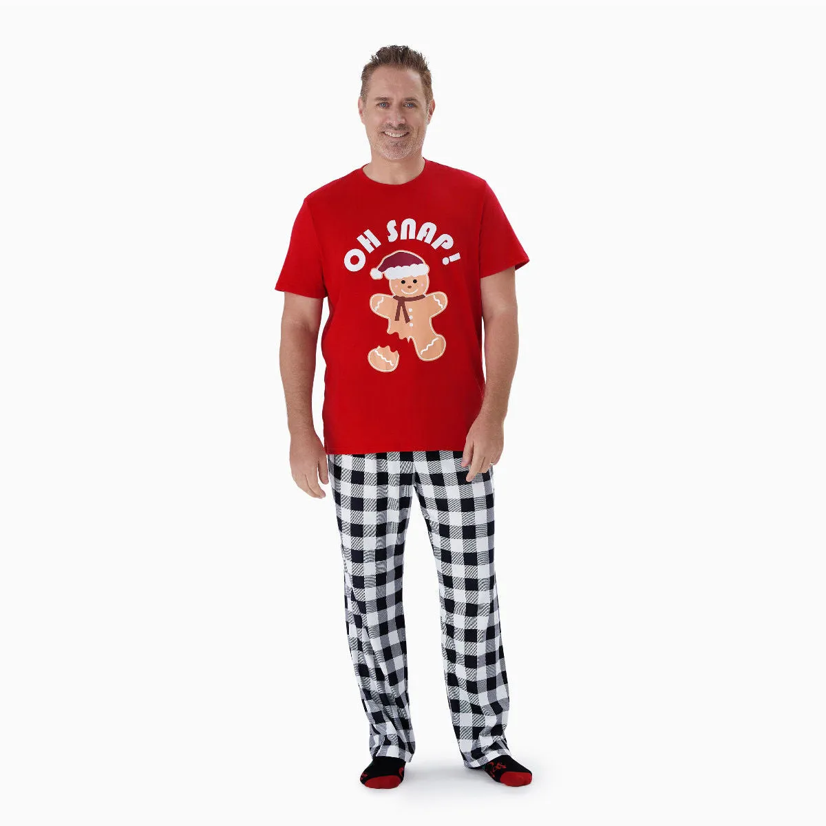 Oh Snap Gingerbread Short Sleeve Christmas Pajama Red Top Plaid Bottom Pajymas