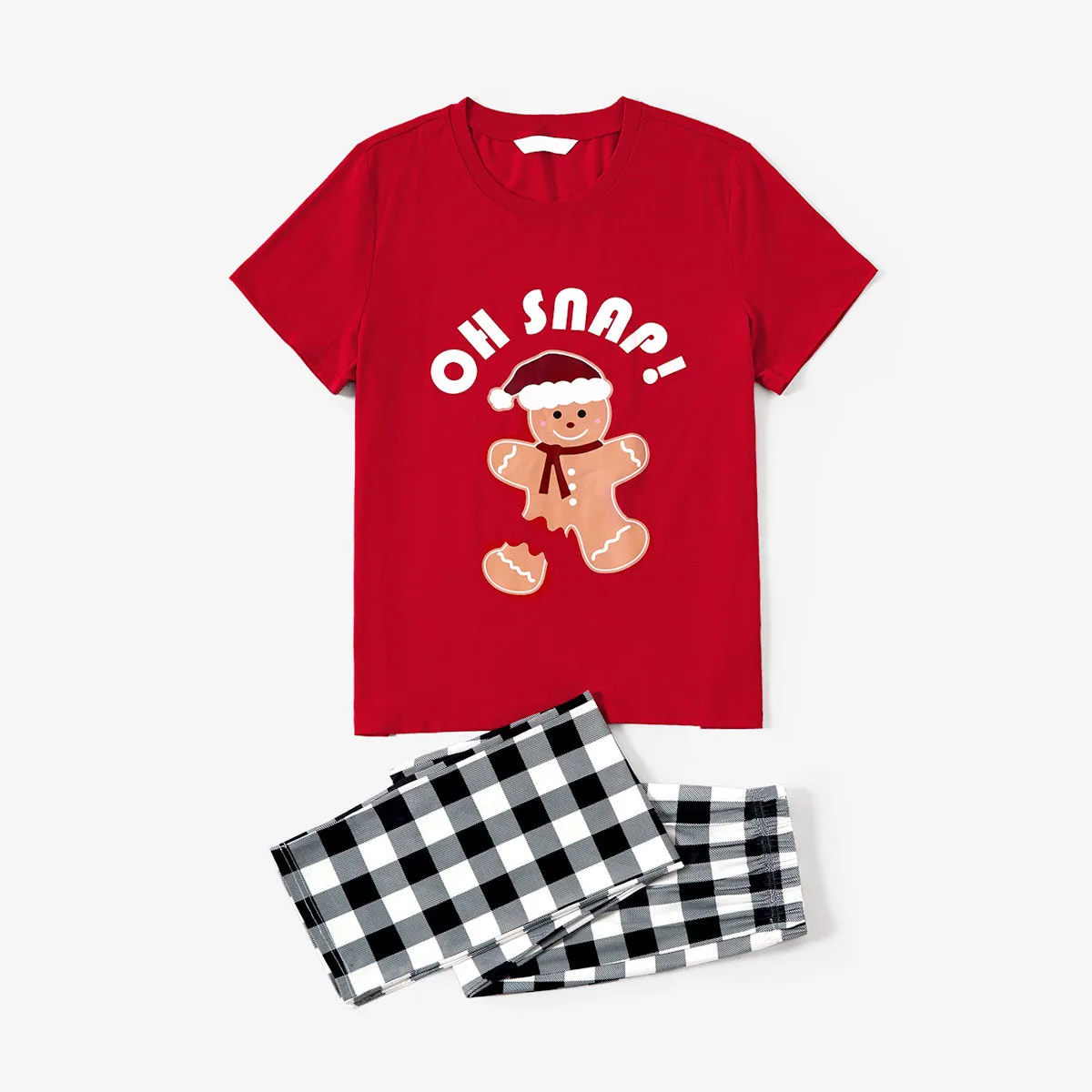Oh Snap Gingerbread Short Sleeve Christmas Pajama Red Top Plaid Bottom Pajymas