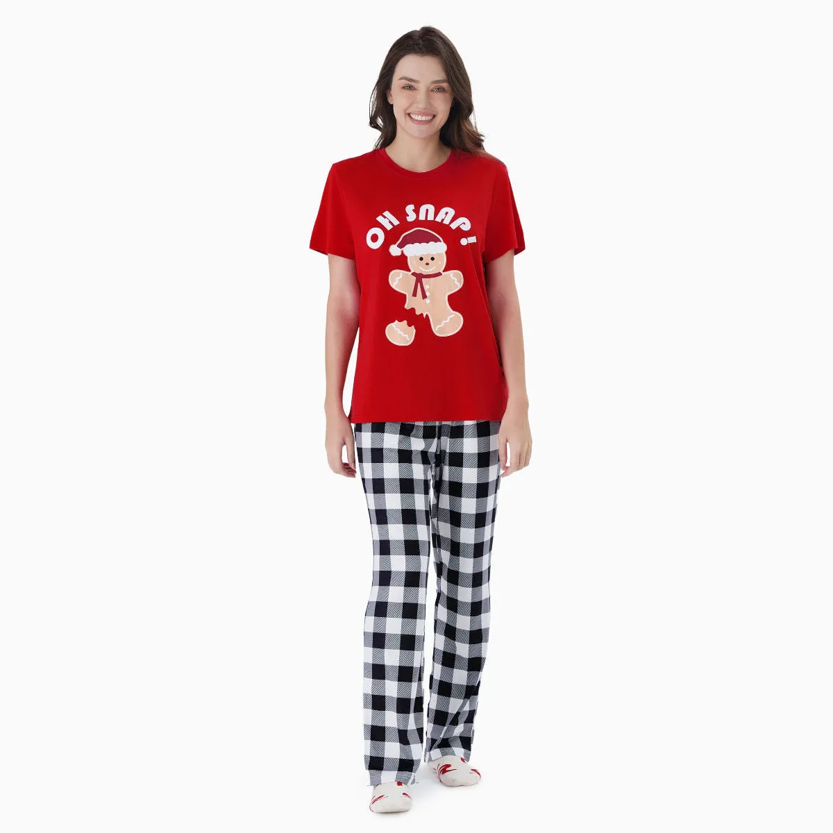 Oh Snap Gingerbread Short Sleeve Christmas Pajama Red Top Plaid Bottom Pajymas