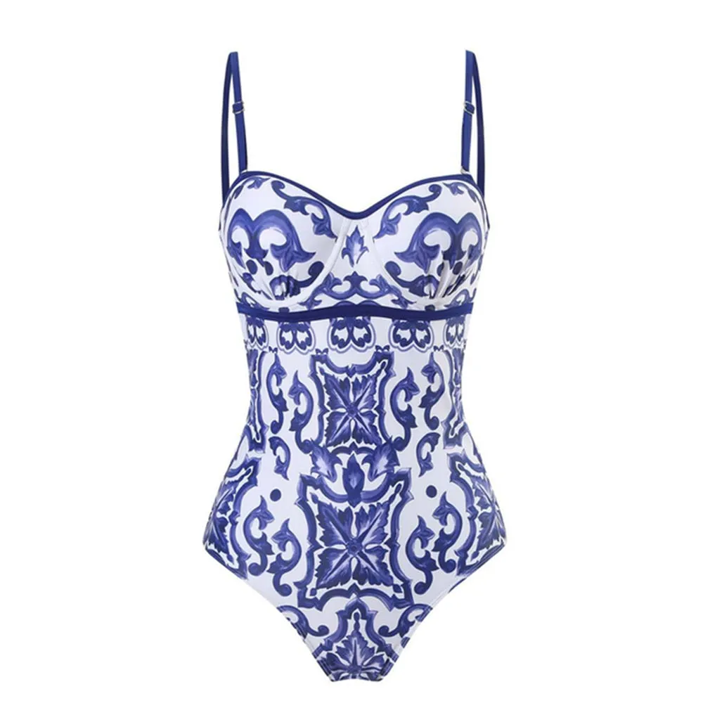 One Piece Swimsuit Floral Print Beach Bathing Suit Set