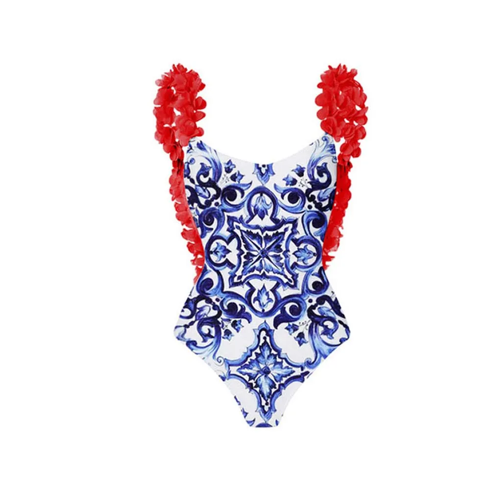 One Piece Swimsuit Floral Print Beach Bathing Suit Set