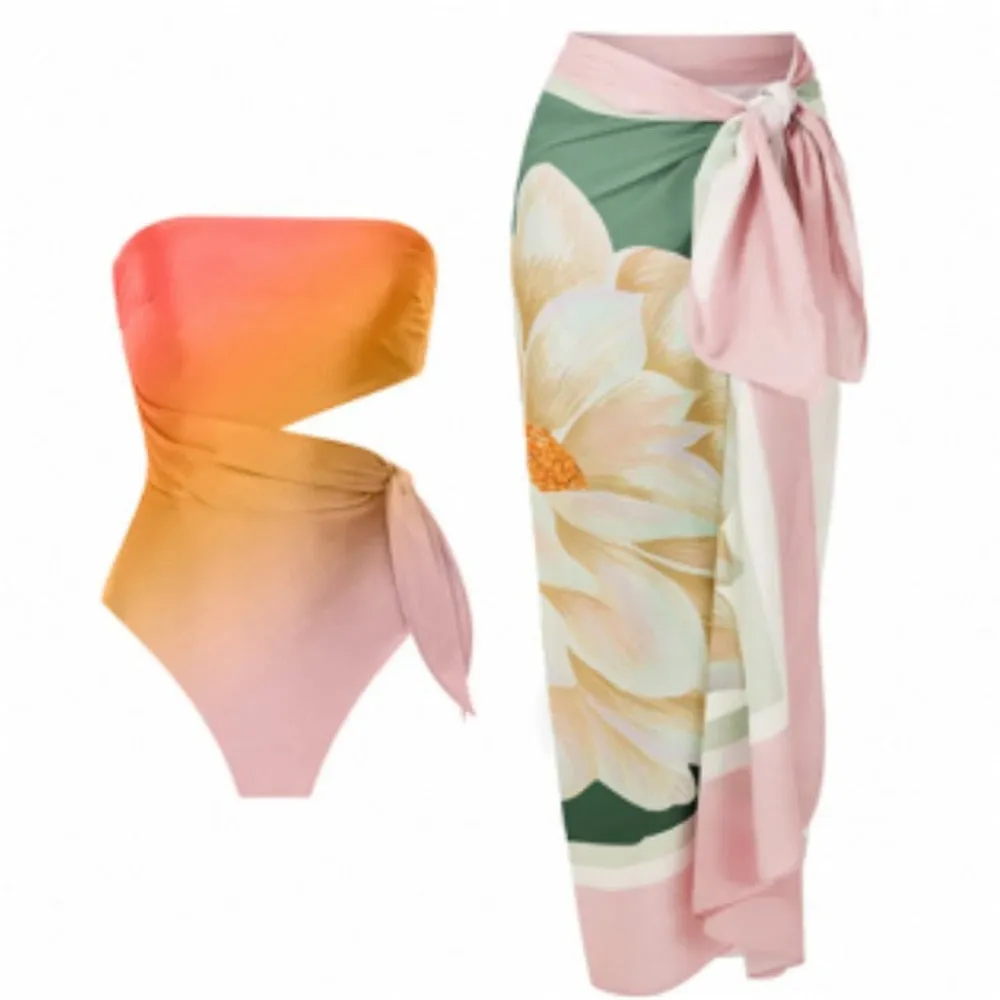 One Piece Swimsuit Floral Print Beach Bathing Suit Set