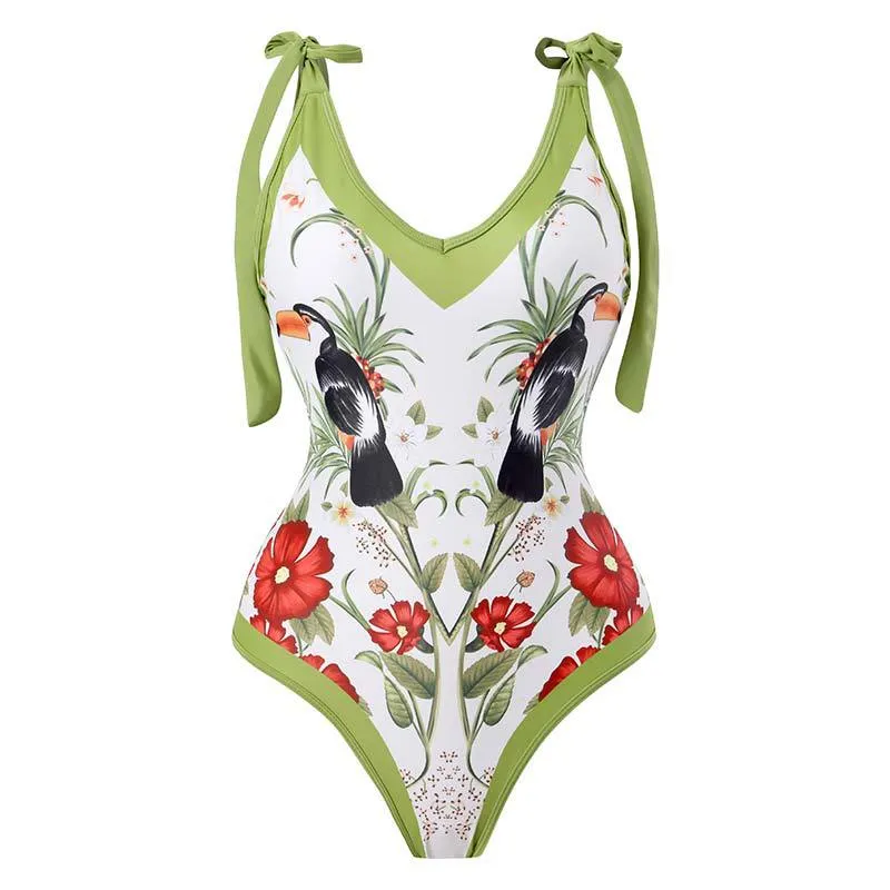 One Piece Swimsuit Floral Print Beach Bathing Suit Set