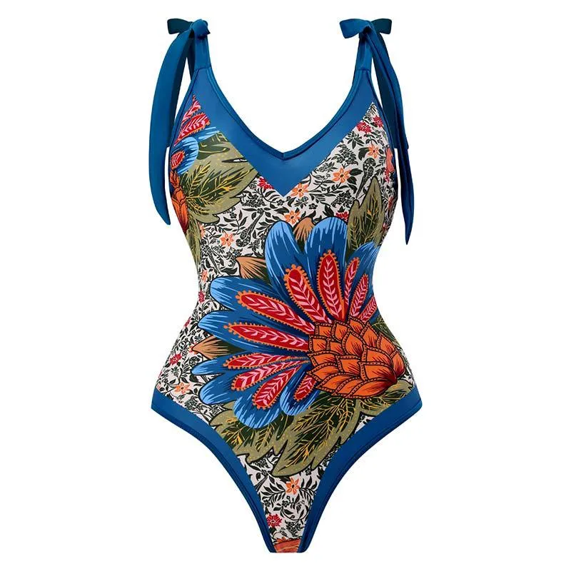 One Piece Swimsuit Floral Print Beach Bathing Suit Set