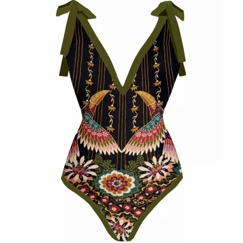 One Piece Swimsuit Floral Print Beach Bathing Suit Set