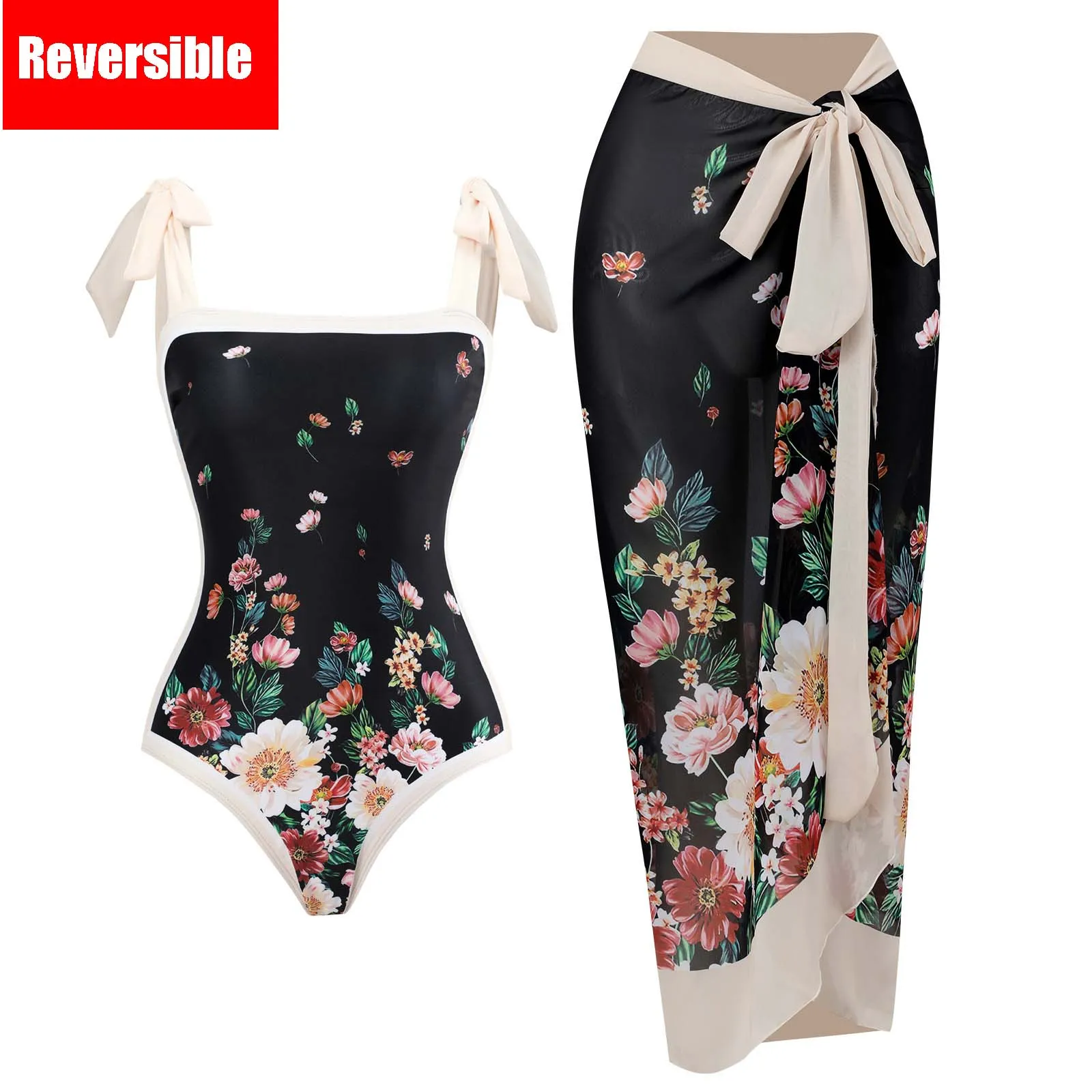 One Piece Swimsuit Floral Print Beach Bathing Suit Set