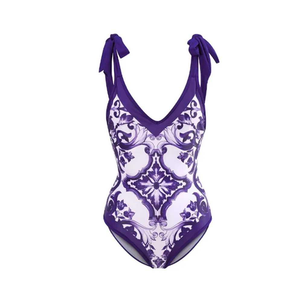 One Piece Swimsuit Floral Print Beach Bathing Suit Set