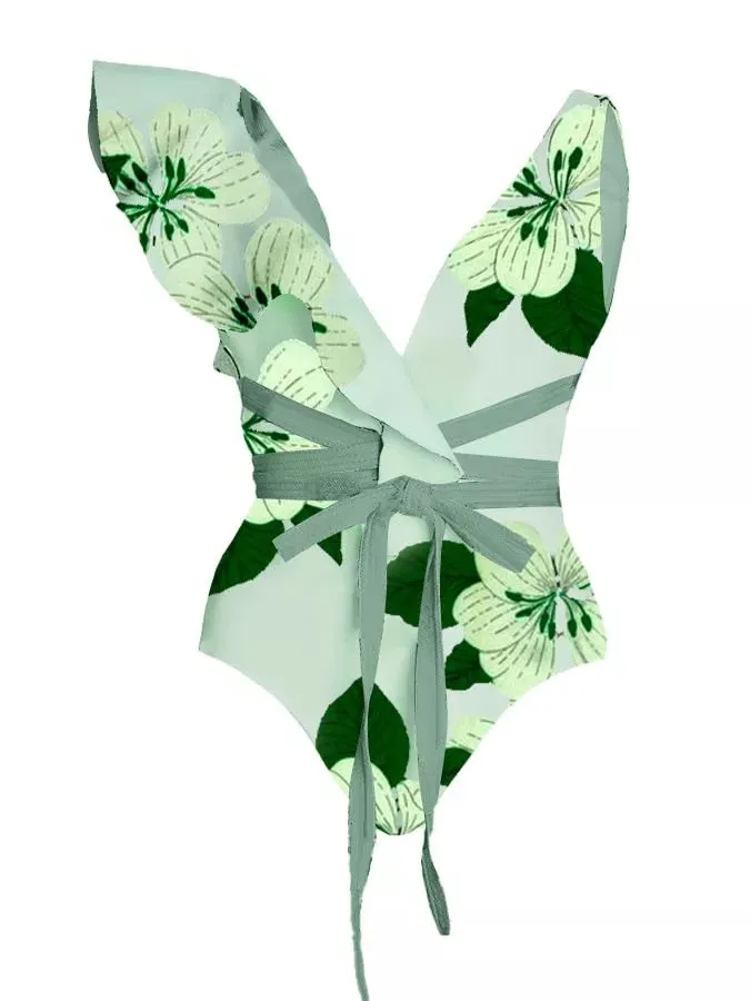 One Piece Swimsuit Floral Print Beach Bathing Suit Set