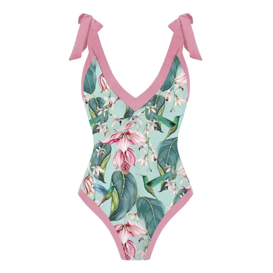 One Piece Swimsuit Floral Print Beach Bathing Suit Set
