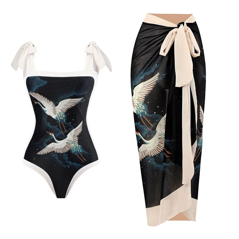 One Piece Swimsuit Floral Print Beach Bathing Suit Set