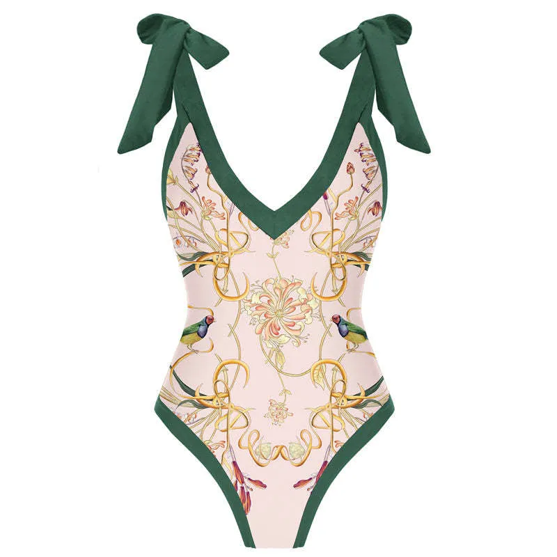 One Piece Swimsuit Floral Print Beach Bathing Suit Set