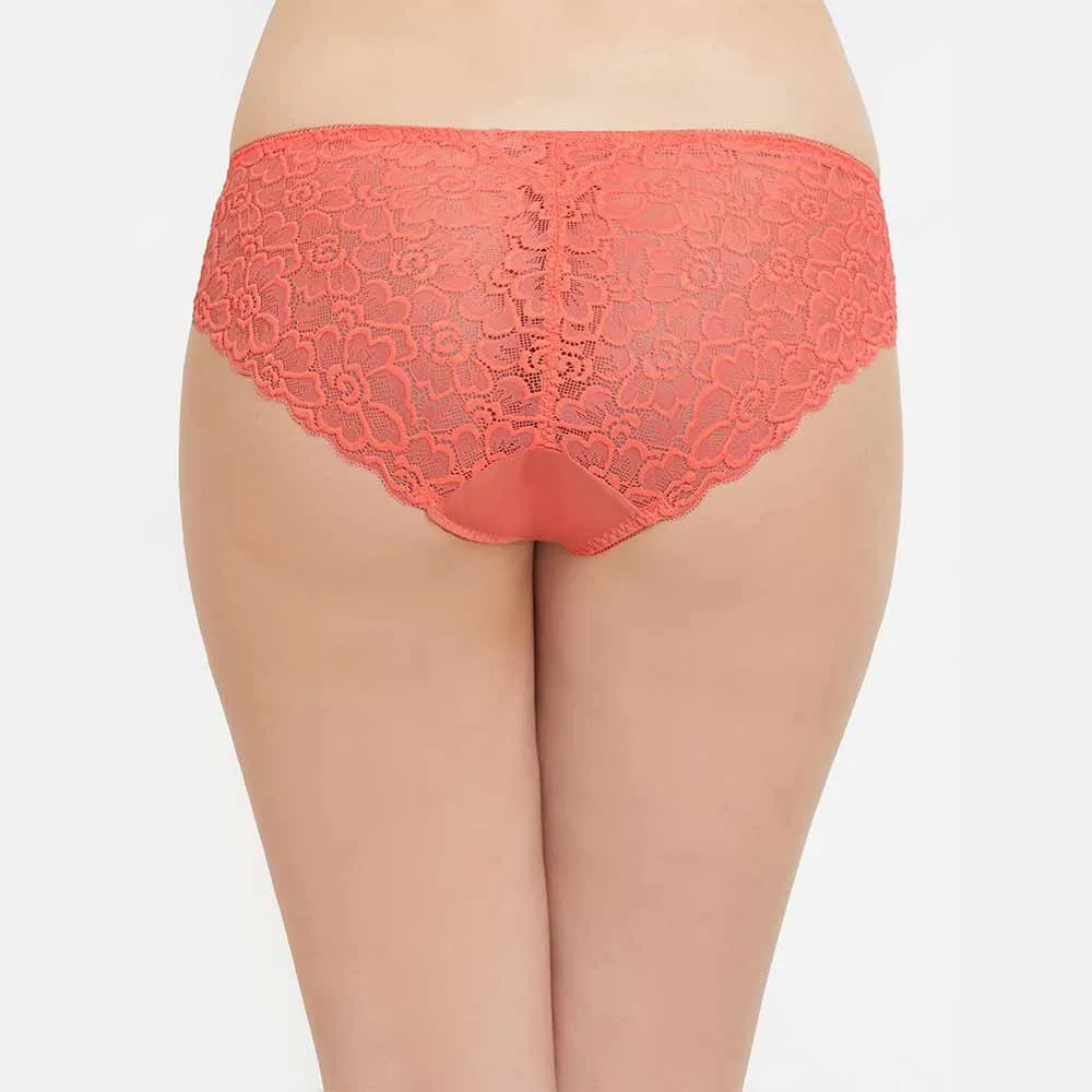 Plush Desire Low Waist Medium Coverage Bridal Wear Lace Bikini Panty - Coral