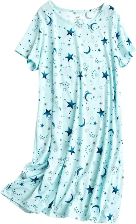 PNAEONG Women's Cotton Nightgown Sleepwear Short Sleeves Shirt Casual Print Sleepdress