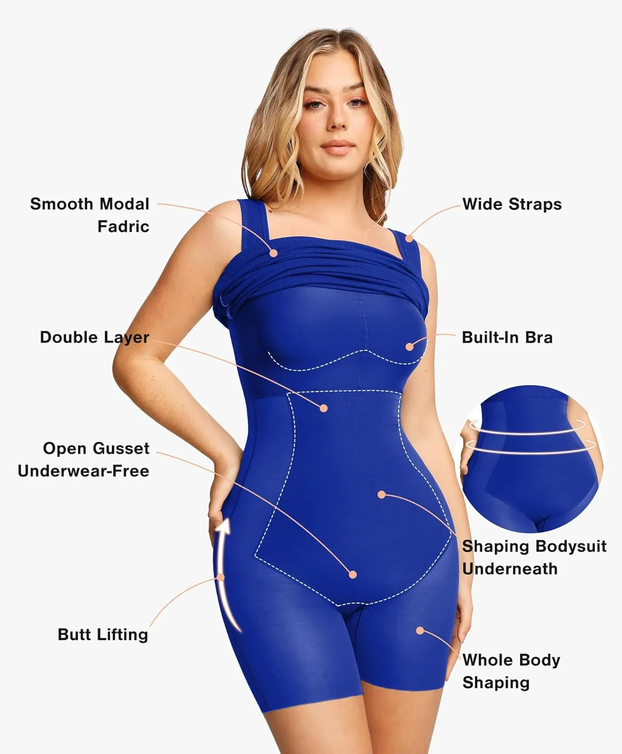 Popilush Shapewear Dress Built in Shapewear Bra 8 in 1 Square Neck Mini Slit Bodycon Summer Dress for Women