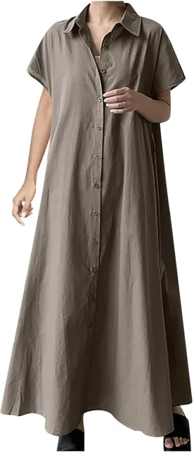 PTOLOCIF Women's Pullover Short Sleeve Long Skirt Loose Lapel Fashion Casual Shirt Dress Women's Midi Dresses with