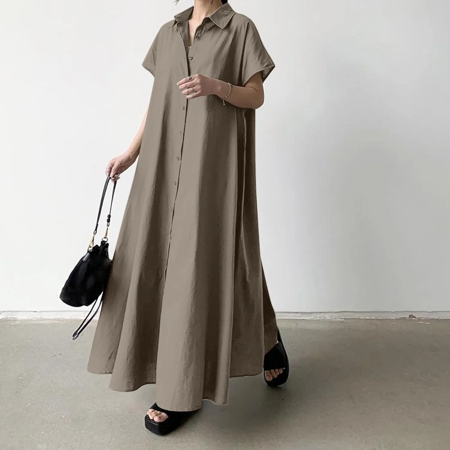 PTOLOCIF Women's Pullover Short Sleeve Long Skirt Loose Lapel Fashion Casual Shirt Dress Women's Midi Dresses with