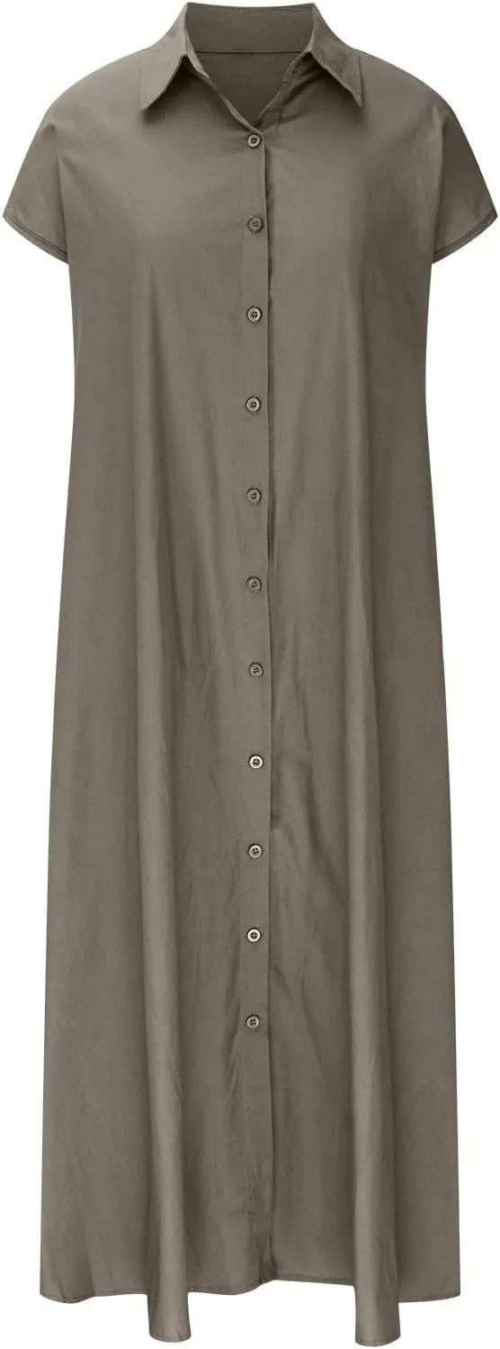 PTOLOCIF Women's Pullover Short Sleeve Long Skirt Loose Lapel Fashion Casual Shirt Dress Women's Midi Dresses with