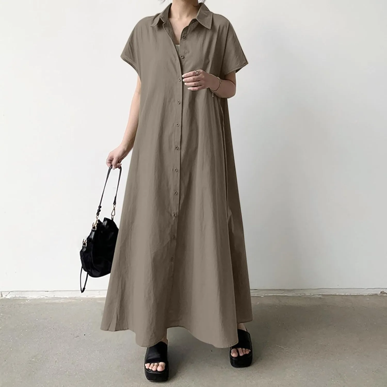 PTOLOCIF Women's Pullover Short Sleeve Long Skirt Loose Lapel Fashion Casual Shirt Dress Women's Midi Dresses with