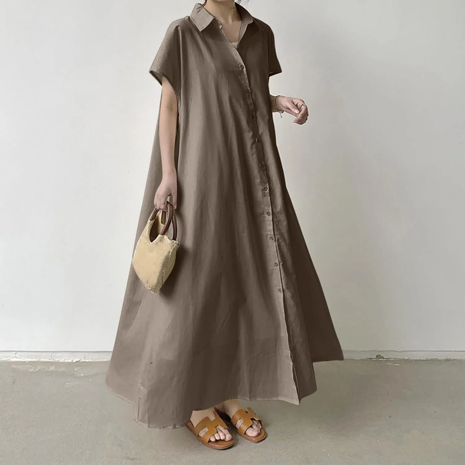 PTOLOCIF Women's Pullover Short Sleeve Long Skirt Loose Lapel Fashion Casual Shirt Dress Women's Midi Dresses with