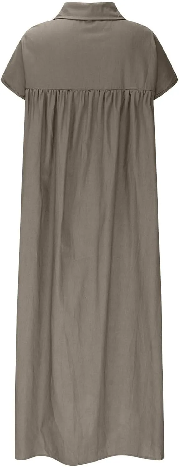 PTOLOCIF Women's Pullover Short Sleeve Long Skirt Loose Lapel Fashion Casual Shirt Dress Women's Midi Dresses with