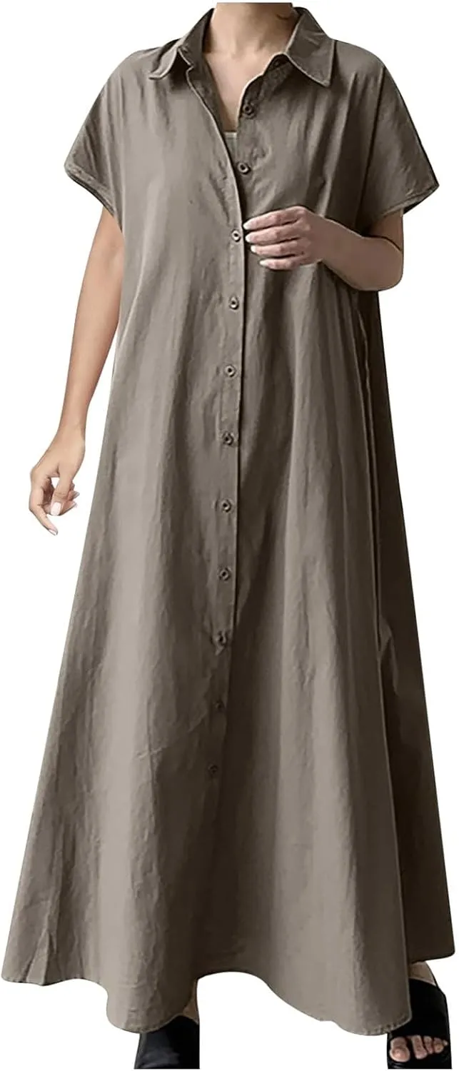 PTOLOCIF Women's Pullover Short Sleeve Long Skirt Loose Lapel Fashion Casual Shirt Dress Women's Midi Dresses with