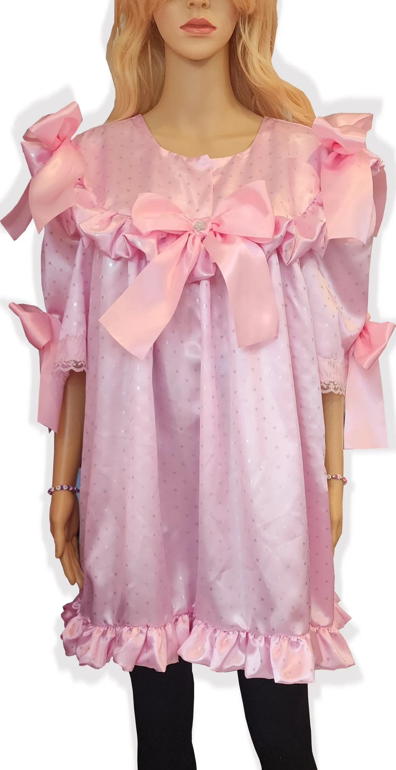 Ready to Wear Pink Silver Stars Satin Adult Sissy Nightgown by Leanne's