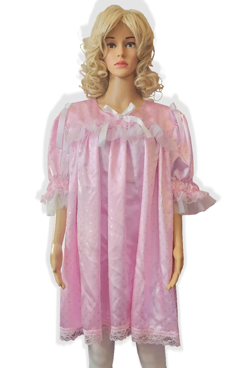 Ready to Wear Pink Silver Stars Satin and Slippers Adult Sissy Nightgown by Leanne's
