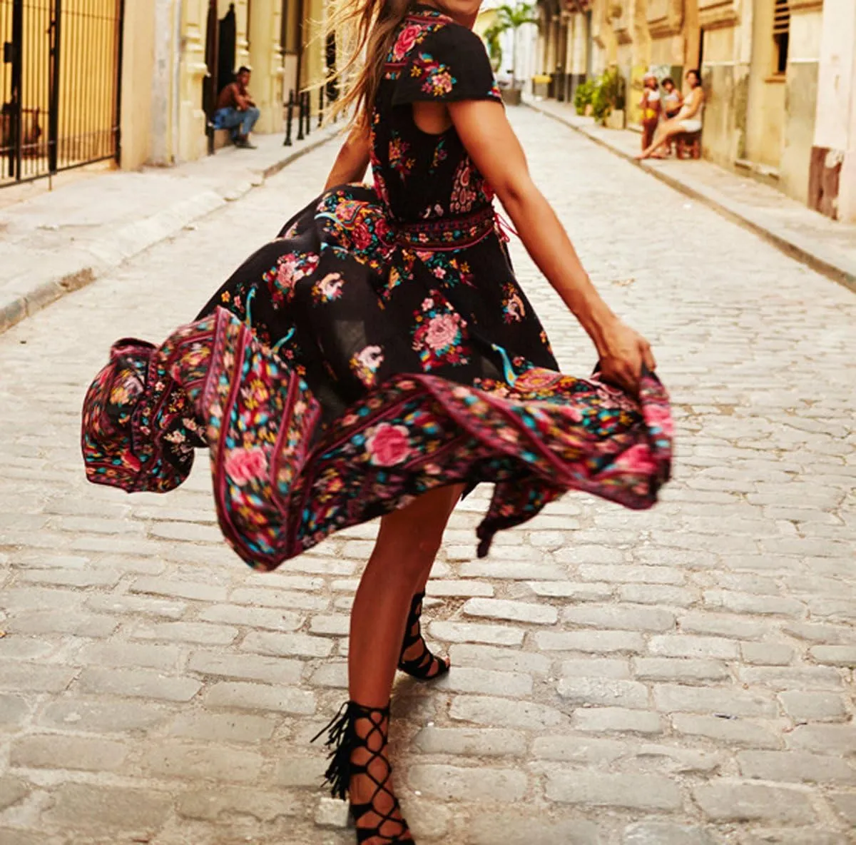 R.Vivimos Women's Summer Vintage Floral Print Deep V Neck High Low Long Dresses