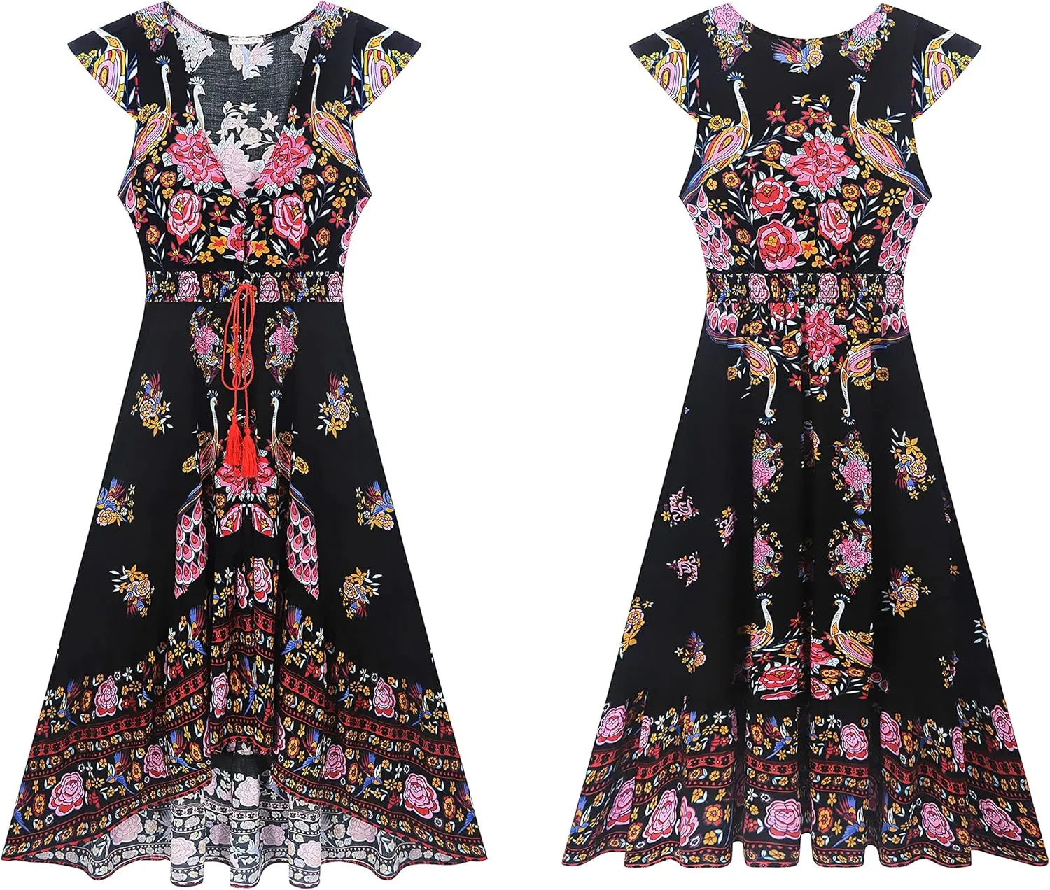 R.Vivimos Women's Summer Vintage Floral Print Deep V Neck High Low Long Dresses