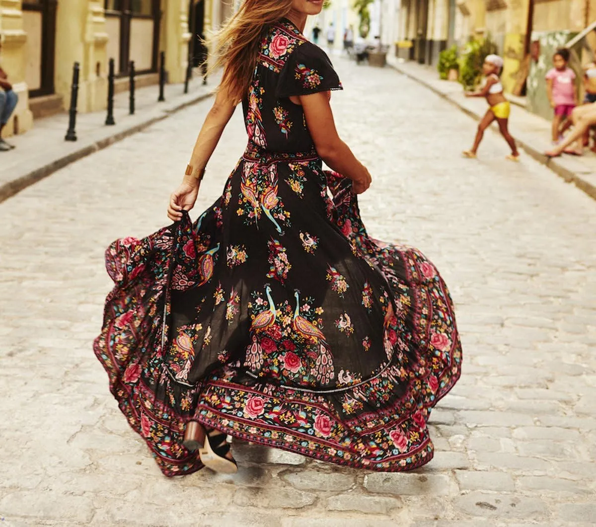 R.Vivimos Women's Summer Vintage Floral Print Deep V Neck High Low Long Dresses