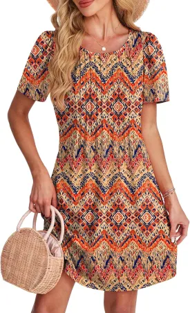 SAMPEEL Womens Pleated Front Summer Dresses Casual Short Sleeve T Shirts Dress with Pockets Vacation Beach Cover Up