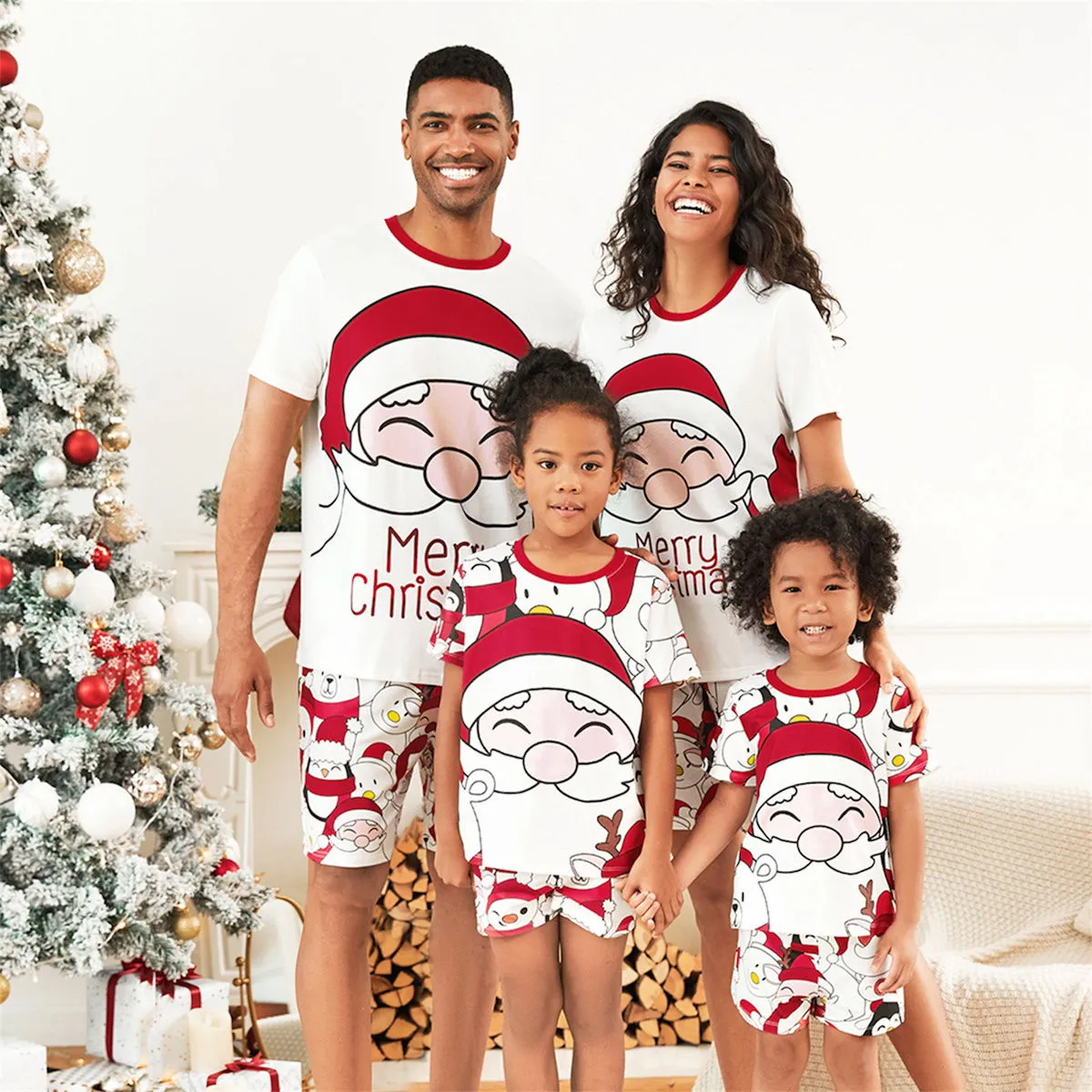 Santa Claus Merry Christmas Short Sleeve Christmas Pajama Allover Penguin and Santa Print