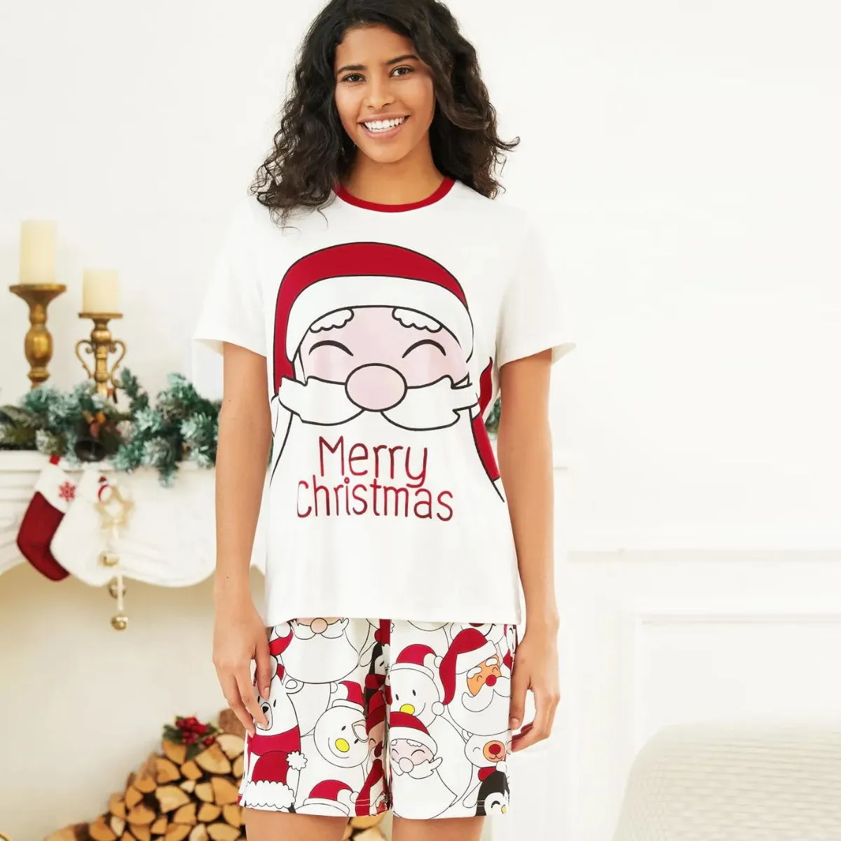 Santa Claus Merry Christmas Short Sleeve Christmas Pajama Allover Penguin and Santa Print