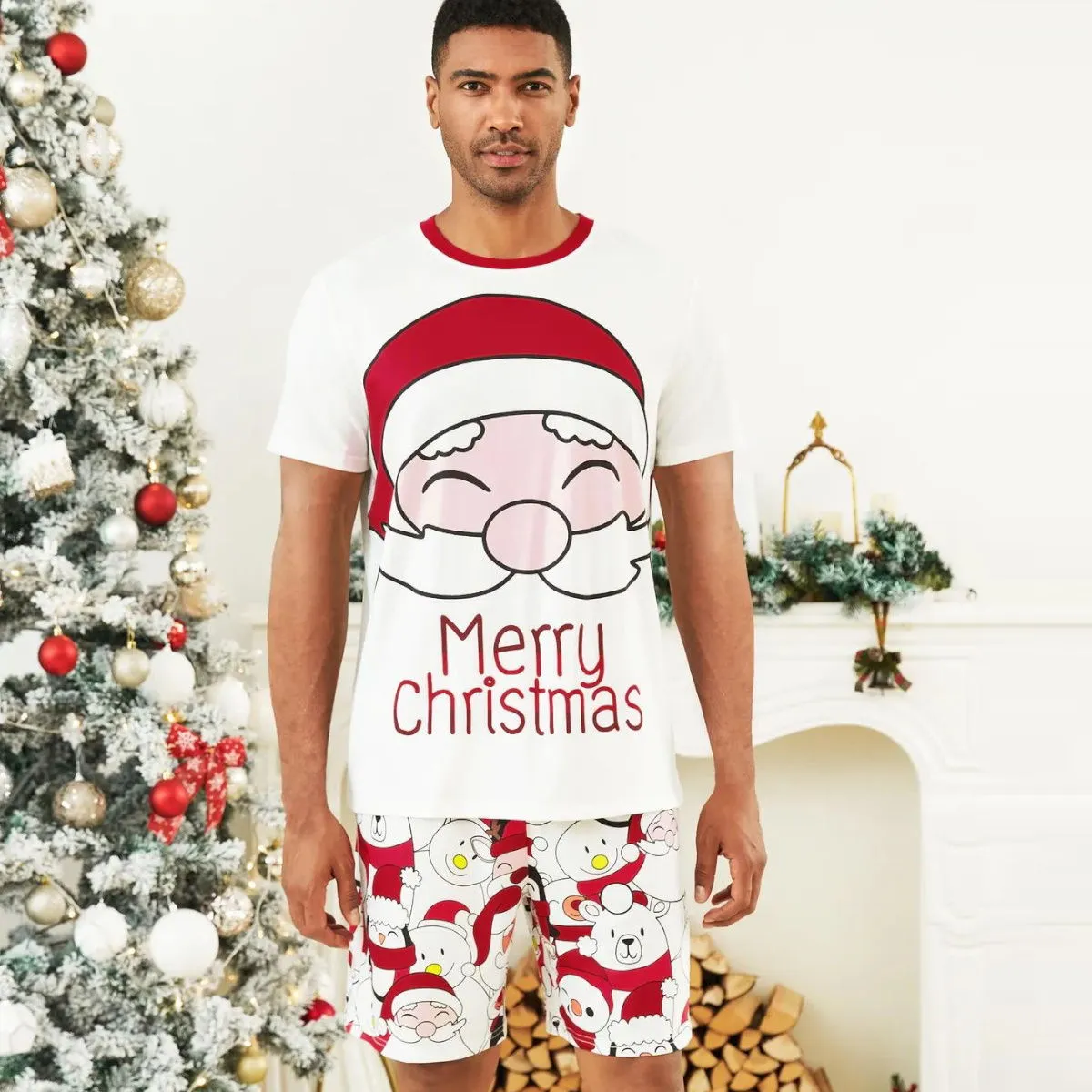 Santa Claus Merry Christmas Short Sleeve Christmas Pajama Allover Penguin and Santa Print