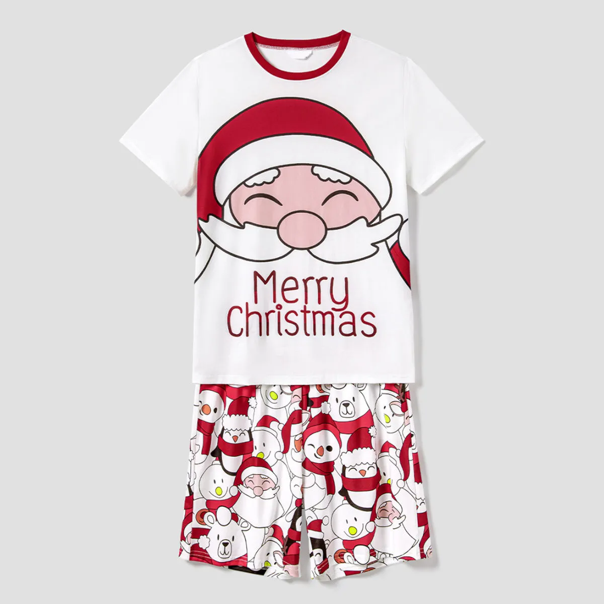 Santa Claus Merry Christmas Short Sleeve Christmas Pajama Allover Penguin and Santa Print